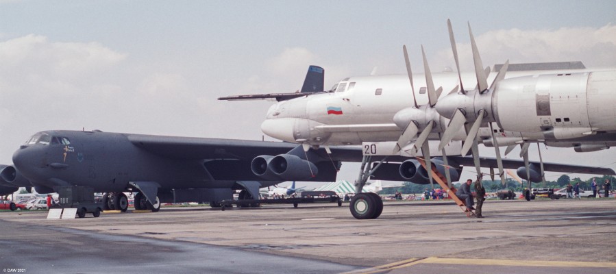 B52 and TU95, Fairford, 1993
Two Cold War warriors.  Both are strategic bombers, the Boeing B52 entered service in 1955 and the Tupelov TU95 in 1956.  Both are long range subsonic bombers and both remain in service today after having had many upgrades.
