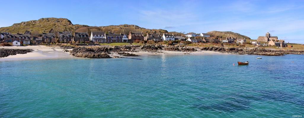 Panoramic view of Baile Mor, Iona
This is the breath taking view that meets you when you arrive by ferry from Mull, who needs a south pacific island holiday when you have this scene on your doorstep.  Iona Abbey is on the right hand side.
