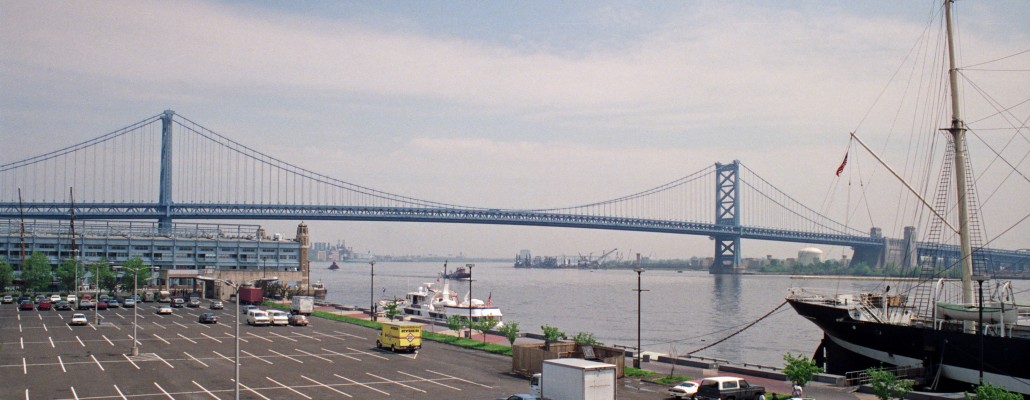 The Benjamin Franklin Bridge, Philadelphia, 1989
Opened in 1926 to span the Delaware river between Philadelphia PA and Camden NJ.  At the time it was built it was the longest suspension bridge in the world.
