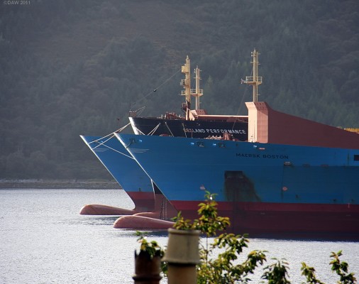 Bowing out, Loch Striven
The Bows of three of the 5 Maersk Line container ships laid up in Loch Striven in 2009 after the global down turn in 2008.  [url=http://www.streetmap.co.uk/map.srf?X=209072&Y=675355&A=Y&Z=120/] Mapp location. [/url]
