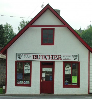 Braemar Butcher shop
Close inspection of the signs in the Window of this Butcher's shop would appear to indicate they have "locally caught" Haggis on sale.  This, ofcourse, is complete rubbish, anyone with any sense knows that Haggis live on Ailsa Craig.  
