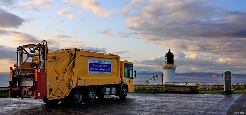 Britain's most Northerly Bin Lorry, Dunnet Head
Dunnet Head is the most northerly point on mainland Britain.  After the tourists have gone this is what you find in the car park at Dunnet Head of an evening.  The light from the setting sun is catching the cliffs of Orkney in the distance on the right hand side. [url=http://www.streetmap.co.uk/map.srf?X=320264&Y=976673&A=Y&Z=115/] Map location. [/url]
