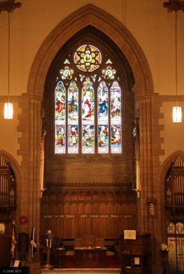 The Chancel Window, Clark Memorial Church, Largs
This impressive window is the one the congregation faces and is the work of Messrs Meikle & Sons, Glasgow. The Church was opened in 1892 and was a gift of John Clark of the Anchor Mill in Paisley.

