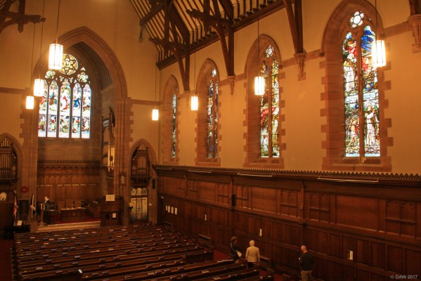 Inside the Clark Memorial Church, Largs
A view of some of the stained glass windows in Clark Memorial Church.  Most of the windows were paid for by either friends or family of John Clark of the Anchor Thread Mill in Paisley who paid for the construction of the Church.
