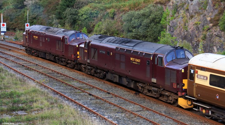 Class 37's at Kyle of Lochalsh
These old Diesel Electric locomotives date from 1964 and 1965 and still in service 50 years later in 2014.  They were built by English Electric for British Rail.   Some 309 were built between 1960 and 1965 and many remain in main line use and also on preservation lines.

