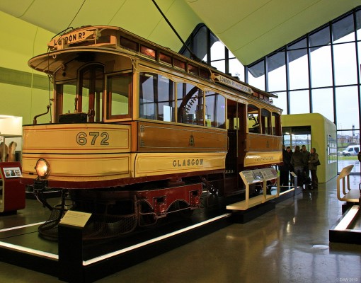 Tram 672, Riverside Museum, Glasgow
This tram was one of the first electric powered trams to enter service in Glasgow in 1898.  20 were built but they were not very successful, lasting only 8 years in service. They were replaced with larger double deckers.  This one survived because it was converted to a mains testing car.  Today it has been preserved as it would have been when it entered service.
