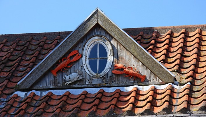 Lobster on the roof, Crail
A bit of a Lobster infestation on this roof top at Crail.  [url=http://www.streetmap.co.uk/map.srf?X=361235&Y=707425&A=Y&Z=120/] Map location. [/url]

