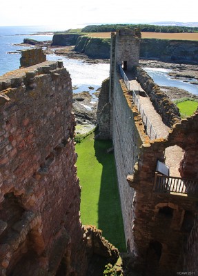 View along the curtain wall at Tantallon Castle
Looking south from the central tower.  Because of its geographic location there is only this one curtain wall along the landward side of the Castle.  It rises to 15m and is up to 3.6m thick.
