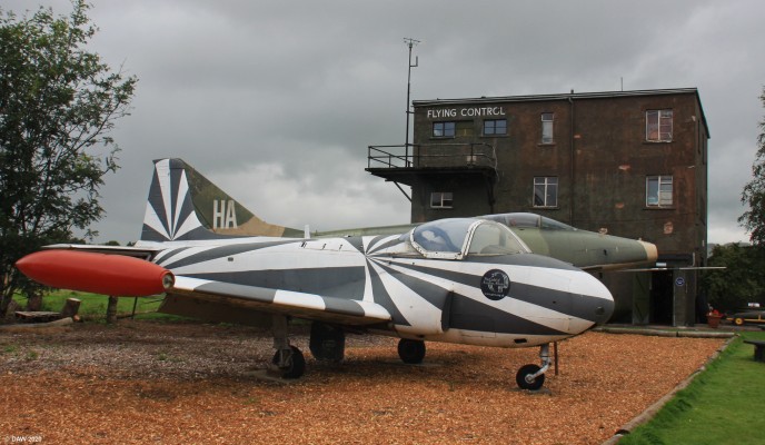 Jet Provost, Dumfries & Galloway Aviation Museum, 2017
An unusually painted example of a BAC jet Provost.  This was built in the 1950's as a jet Trainer Aircraft.  The old control tower from RAF Dumfries is in the background.
