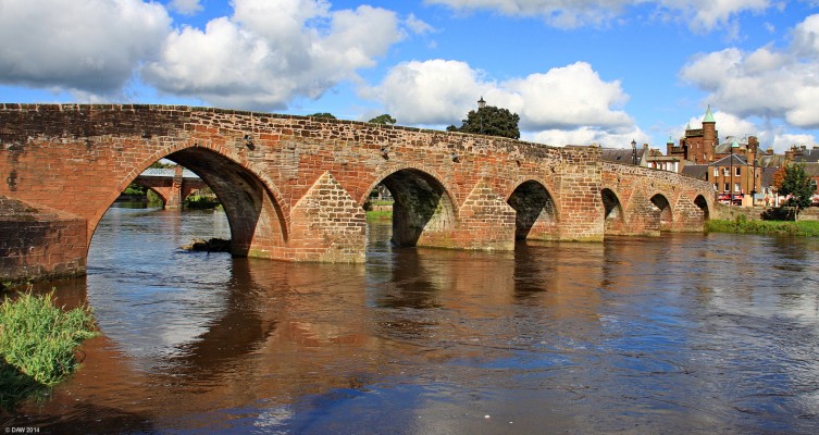The Devorgilla Bridge, Dumfries
Named after lady Devorgilla of Galloway this bridge dates from the early 15th century.  When built it had 9 arches but the reclamation of land on the east side resulted in the removal of three.  The western most arch is Gothic in style and is one of only 8 such arched bridges in Scotland.  A toll house once stood on the central piller but was removed to save weight. [url=http://streetmap.co.uk/map.srf?X=296965&Y=575931&A=Y&Z=115/] Map location. [/url]
