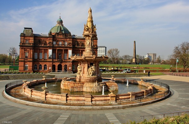 The Doulton Fountain, Glasgow Green
Erected in 1888 to celebrate the Golden Jubilee of Queen Victoria and the acheivements of the British Empire in the four corners of the world.  The Peoples Palace and winter garden is in the background and to the right is Nelson's Monument.
