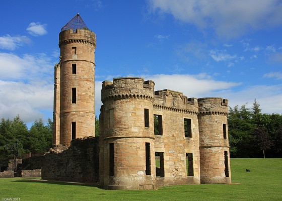 Eglinton Castle, Kilwinning
Eglinton Castle was built in 1797 by the 12th Earl of Eglinton.  It fell into dis-repair around 1925 and was apparently used for navel gunnery practice during WWII.  In 1973 it was deemed unsafe and was demolished to what stands today, it is now at the centre of Eglinton Country Park.
