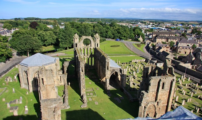 Over looking Elgin Cathedral from the North Tower
Looking down on the presbytery with the octagonal shaped Chapter House on the left.  As you can see, the surrounding area is quite flat here  so the Cathedral must have dominated the landscape when it was built in the 13th century.
