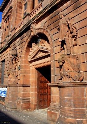 Entrance to the former Fairfield shipyard office, Govan
The grand entrance to the former Fairfield shipyard in Govan.  Although the shipyard is still in use by BAE Systems these offices are no longer part of the yard and have been converted to office space and a heritage centre. [url=http://streetmap.co.uk/map.srf?X=254595&Y=665893&A=Y&Z=115/] Map location. [/url]
