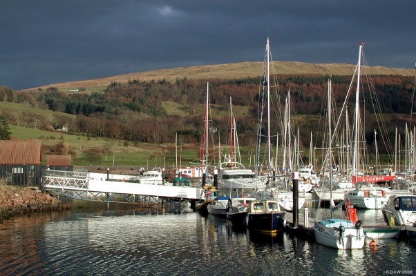 Largs Marina
Over looking the Marina towards the Whatside Hills.  Behind one of the masts you can just about make out Kelburn Castle amongst the trees. [url=http://www.multimap.com/map/browse.cgi?lat=55.7754&lon=-4.8593&scale=25000&icon=x/]Map location [/url]
