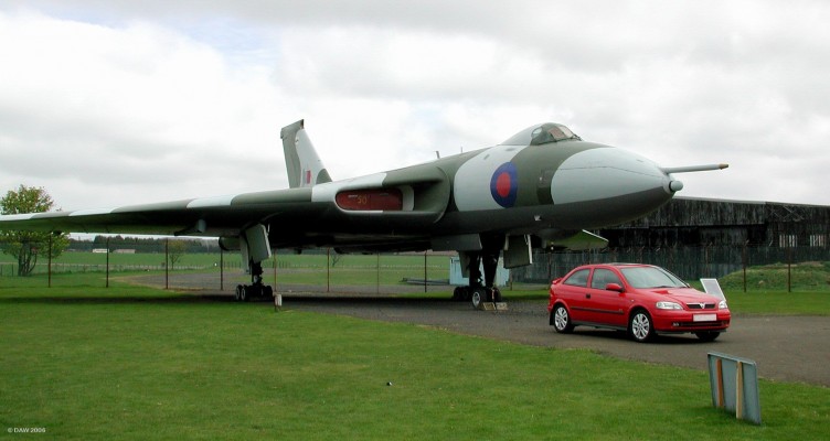 Follow me..... Vulcan XM597 at the Museum of Flight, East Fortune
The classic lines of the Avro Vulcan B2 bomber.  Conceived as a means for carrying nuclear weapons deep within the Soviet Union during the cold war.  The only action XM597 saw was during the Falkland's war where it made two conventional missile attacks.  On the 2nd mission the refuelling probe snapped resulting in an emergency landing in Brazil. [url=http://www.nms.ac.uk/flight/home/index.asp/] Museum of Flight [/url]
