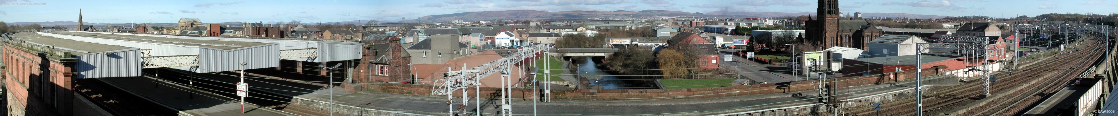 Looking North over Paisley Gilmour Street Railway station
On the 16th of April 1979 7 people died and 67 were injured at a spot on the right hand side of this scene when a driver passed through a red signal and collided head on with an oncoming train.  The present Gilmour street station dates from around 1883. The river Cart is in the centre of the picture, Wallneuk North Church can be seen on the right hand side. [url=http://www.multimap.com/map/browse.cgi?lat=55.8485&lon=-4.4229&scale=5000&icon=x/]Map location.[/url]
