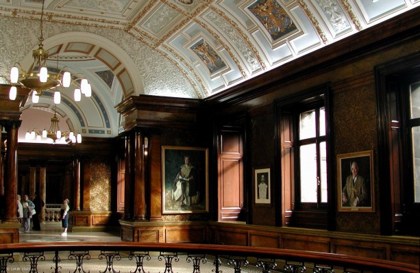 Glasgow City Chambers, hall of fame
Amongst the wood paneling on the top floor are paintings of former Lord Provost's of Glasgow, but its difficult to pay much attention to them when the ceiling has such incredible decoration.
