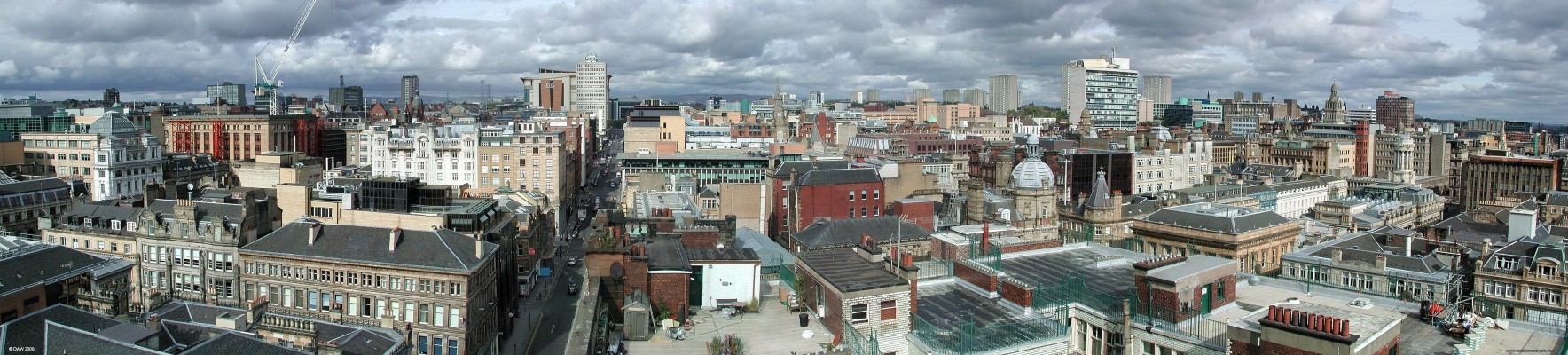 Glasgow City Centre roof top panorama
Looking north up West Nile Street over the roof tops of the City Centre as seen from the outside viewing gallery of The Lighthouse.  [url=http://www.streetmap.co.uk/idmap.srf?X=258927&Y=665260&A=Y&Z=110/]Map location.[/url]
