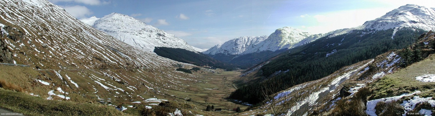 Looking down Glen Croe
A bright but cold day at Glen Croe.  General Wade's Military Road can still be seen coming up the centre of the Glen and then appearing on the right of the picture.  [url=http://www.streetmap.co.uk/map.srf?X=222945&Y=707402&A=Y&Z=120/] Map location. [/url]
