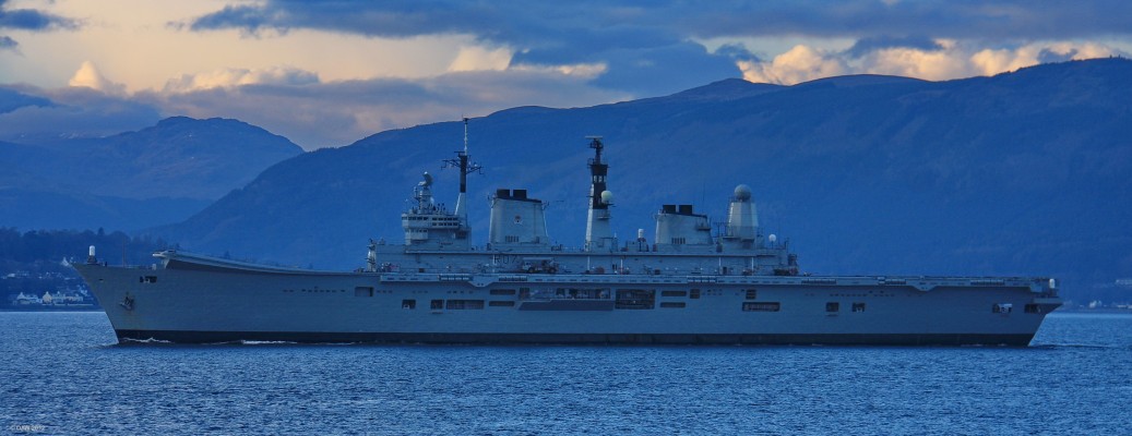 HMS Ark Royal near Gourock, 2010
HMS Ark Royal undergoing trials in early 2010 on the Clyde.  She was the last of the 3 Invincible Class Light Aircraft Carriers to be built.  She was launched in 1981 by Swann Hunter on the Tyne.   A year after this photo was taken she was decomissioned.  
