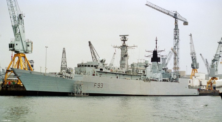 F93 , HMS Beaver, Plymouth, 1994
One of the 14 Type 22 Frigates built for the Royal Navy.  Originally 22 were to have been built but after the Falklands war the remainder were cancelled.  Beaver was built at Yarrows shipyard on the upper clyde and comissioned in 1984.  Her life in the Royal Navy was very short being sold for scrap in 2001.  Although the Seawolf missile system proved highly succesful during the Falklands War other shortcoming were highlighted such that the final 4 ships built were considerably different.
