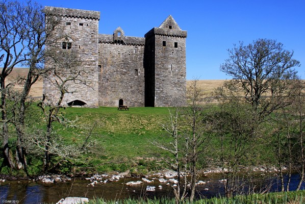 Hermitage Castle, front view
A front view of the 13th century Hermitage Castle.  The towers were later additions added by the Douglas's.  They gave more living space and the addition of a prison.
