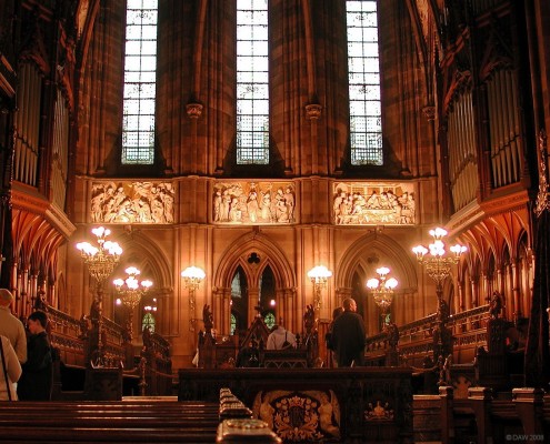Inside Coats Memorial Church, Paisley
From the outside the Gothic architecture of the Coats Memorial is impressive, inside is no less so.  The three carved alabaster panels on the rear wall depict the adoration of the Magi, the Baptism of Christ ancd the Last Supper.  The Church was opened in 1894 9 years after work was started.  [url=http://www.streetmap.co.uk/idmap.srf?X=247810&Y=663970&A=Y&Z=120/] Map location. [/url]
