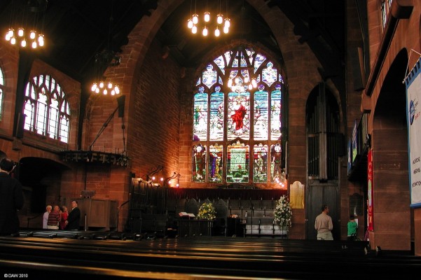 Inside St Matthews Church of the Nazarine, Paisley
Opened in 1907 as St George's free Church it has a unique Art Nouveau style with its red sandstone from Locharbriggs in Dumfries.  The magnificant stained glass window is dedicated to 25 young men of the congregation who lost their lives in the Great War.
