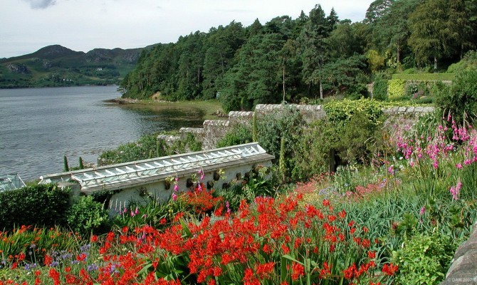 Inverewe Gardens and Loch Ewe
Although the west coast of Scotland has mild winters due to the Gulf stream it still suffers from salt spray and high winds.  For that reason Osgood Mackenzie planted a barrier of 100 acres of trees when he first laid out the gardens in 1862 in what was a barren peninsula.
