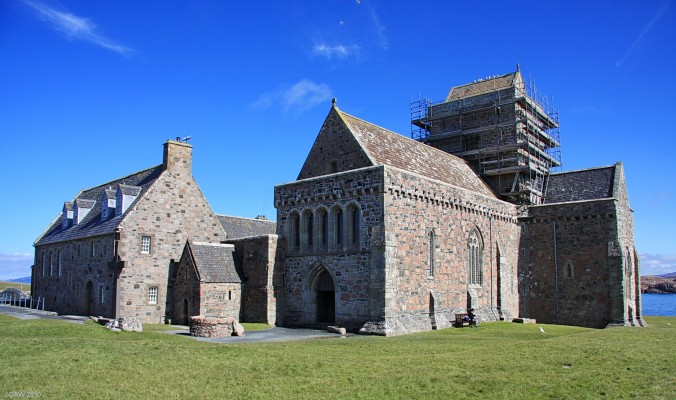 Iona Abbey, Isle of Iona
After the reformation in 1560 Iona Abbey lay empty and ruined.  In 1899 the Duke of Argyll transferred ownership of the buildings to the Iona Cathedral Trust and between 1901 and 1965 the process of restoration took place.  Today Historic Scotland is repsonsible for maintaining the building, this is a continual process, as can be scene from the scaffolding.
