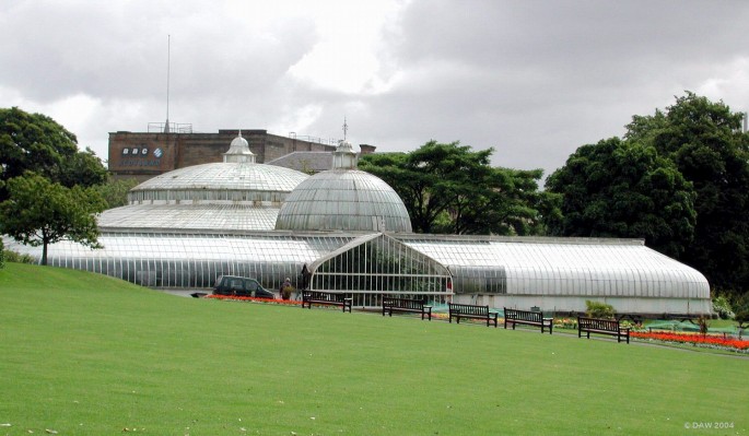 The Kibble Palace
Located in Glasgow's Botanic gardens it was built in 1873 and covers an area of 2137 sq m.  BBC Scotland's Queen Margaret Drive television studios can be seen in the background.  This photo was taken before a major restoration project took place between 2004 and 2006.
