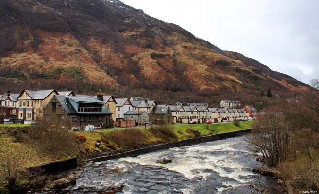 Kinlochleven, Lochaber
A view of part of Kinlochleven from the road bridge over the river Leven.  The arrival of the Aluminium Smelter in 1907 is what defined the village you see today.  It had its own Hydro Electric scheme that made Kinlochleven the first village in the world to have every home lit by electric light, giving Kinlochleven the name of the "Electric Village.  [url=http://streetmap.co.uk/map.srf?X=218755&Y=761967&A=Y&Z=120/] Map location. [/url]
