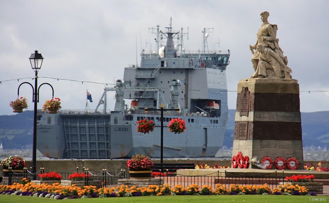 The War Memorial, Largs
RFA Largs Bay in Largs Bay.  This was her last visit to Largs during the 2010 Viking Festival before being sold to the Australian Navy where she now serves as HMAS Choules.  
