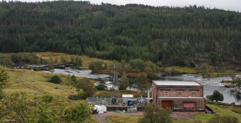 Loch Quoich Power Station
Part of the Great Glen Hydro Scheme built in the 1950's.  The turbine hall here receives water from the Loch Quoich dam via a tunnel, it has a single 22MW turbine.  Water is released in to the river Garry where it is then collected behind the Garry Dam to be used once again in the Invergarry power station.  To the left in the river Garry the fish trap can be seen, this prevents salmon from travelling any further up the river.
