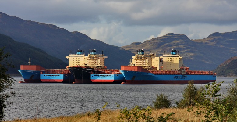 Laid up shipping, Loch Striven, 2009
The sea Lochs of the Clyde make an ideal sheltered location for redundant container ships of the Maersk line in 2009.  They are Maersk Boton, Bentonville, Beaumont, Baltimore and Sealand Performance. [url=http://www.streetmap.co.uk/map.srf?X=209134&Y=674015&A=Y&Z=120/] Map location. [/url]
