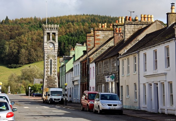 Main Street, Gatehouse of Fleet
A view along the high street towards the clock tower.  The village gets its name from the fact it stands on the Water of Fleet and also that it had a toll house in the 18th century on the stagecoach route from Dumfries to Stranraer. [url=http://www.streetmap.co.uk/map.srf?X=259636&Y=556121&A=Y&Z=115&ax=259984&ay=556324/] Map location. [/url]
