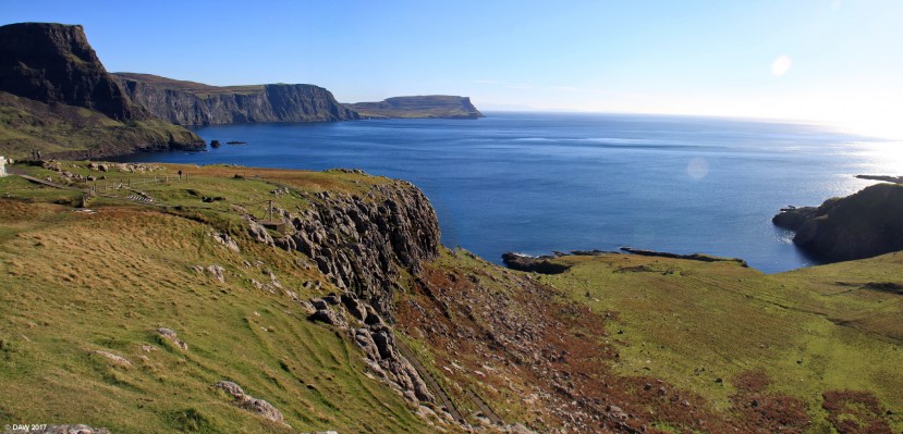 Moonan Bay, Isle of Skye
Looking out to Moonan Bay from Neist Point.  If you look close at the cliff in the foreground you can see the footpath winding down to the lighthouse.  The post you see is part of a cable system for taking supplies down to the lighthouse.  [url=http://streetmap.co.uk/map.srf?X=113205&Y=847877&A=Y&Z=120/] Map location. [/url]
