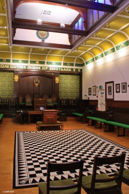 Inside the Mother Lodge Scotland, Kilwinning
Taken during the "Doors Open" event in 2016.  The history of the Mother Lodge dates back to 1140 at the time of the construction of the nearby Abbey.  The Lodge was founded within the Chapter House of the Abbey and remained there until the reformation in 1560.  The present day lodge dates from 1893 and is only a short walk from the ruins of the Abbey.
