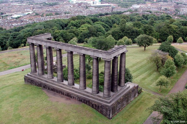 National Monument, Calton Hill, Edinburgh
Built in 1822 as a national monument along the lines of the Parthenon in Greece, it was never finished and has become one of Scotland's best known follies.  This picture was taken from the top of Nelson's Monument built in 1816.

