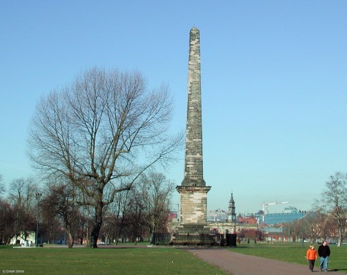 Nelson's Monument, Glasgow Green
Standing 44 metres high, this obelisk, design by architect David Hamilton, was the first civic monument in the United Kingdom to celebrate the victories of Nelson.  The money to build the monument was raised by public subscription and the foundation stone was laid on 1st August 1806.
