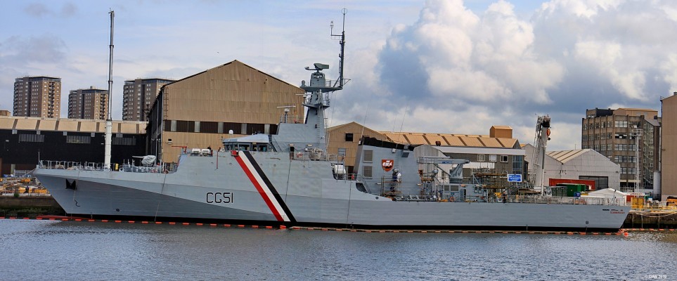 Off Shore Patrol Vessel, BAE Scotstoun
Taken in June 2010 when Scarborough and her two sister ships were destined for the coast gaurd of Trinidad & Tobago.  But only a few months later a new government in T&T cancelled the order.  Brazil is now buying the completed ships and building another 5 under licence.  She has a displacement of just over 2000 tons and a top speed of over 25knots with a range of 5,500 nm at 12 knots.  
