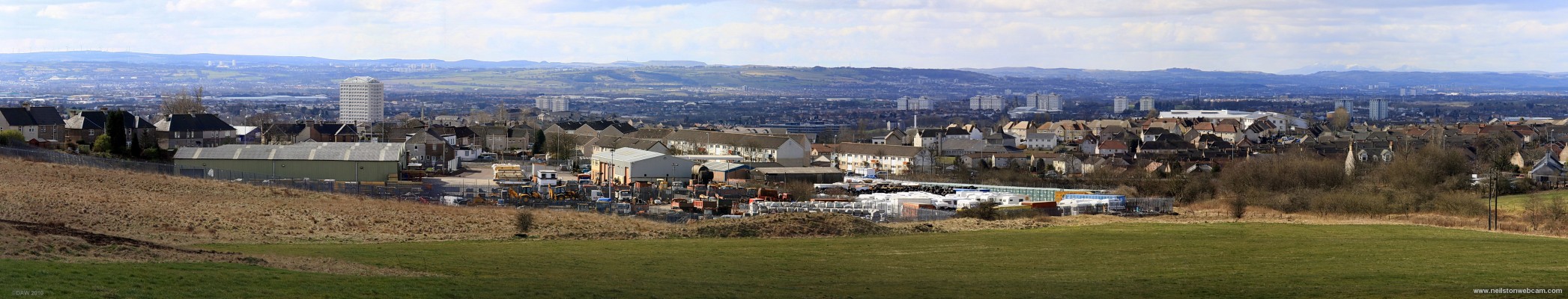 South West Panorama from near Glen Mavis
In the foreground is Coatbridge and probably some of Airdrie.  On the horizon on the left hand side you can the whitelees Wind Farm and on the right hand side the snow covered mountains of the Isle of Arran in the Firth of Clyde some 80km away.  [url=http://www.streetmap.co.uk/map.srf?X=274182&Y=666745&A=Y&Z=120/] Map location. [/url]
