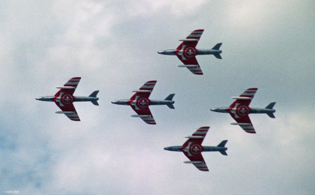 Swiss Aerobatics Team, Fairford, 1993
Patrouille Suisse is the Swiss Airforce aerobatics team.  In 1993 they were still using Hawker Hunter Aircraft for their displays, the following year they change to Northrop F-5E Tigers.
