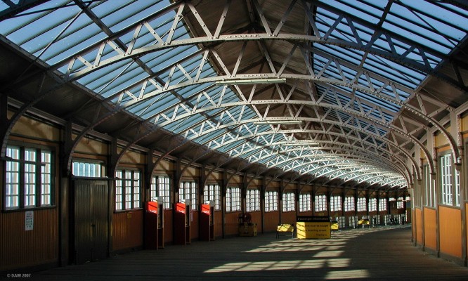 Walkway at Wemyss Bay Pier
The anticipation rises as the passenger walks down this sloping walkway from the railway station to the pier to pick up a connection for the ferry to Rothsey on the Isle of Bute.  Unfortunately the sun isn't always shining through the windows like this.
