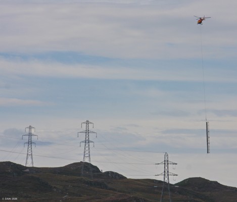 Helicopter carrying parts up to Pylons in Sutherland, 2019
