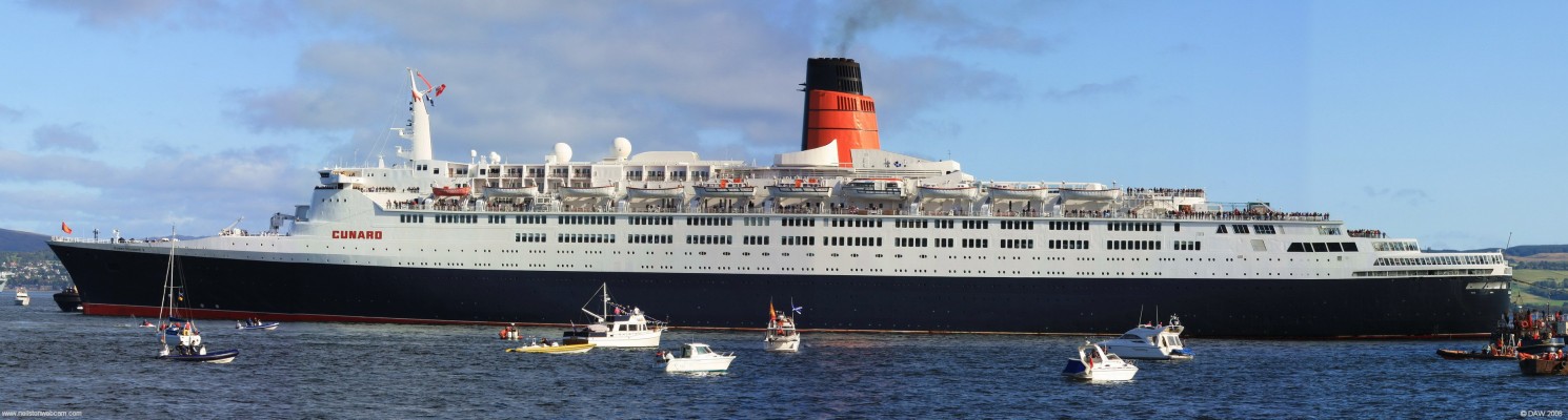 The QE2 on the River Clyde for the last time
The QE2 shows off her port side on her last ever visit to the Clyde in October 2008.  She was the last of her kind, 65,000 tons of Clyde built Ocean Liner and now destined to be tied up as a floating hotel in the middle east.
