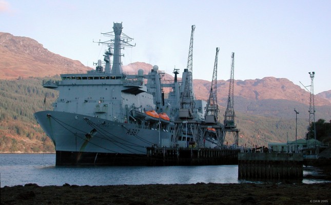 RFA Fort Victoria,Loch Long
Fort Victoria moored at the Glen Mallan Munitions pier on a sunny autumn morning, the "Arrochar Alps" are in the background.  The hills on the east side of the Loch keep the ship in the shade till later in the morning.
