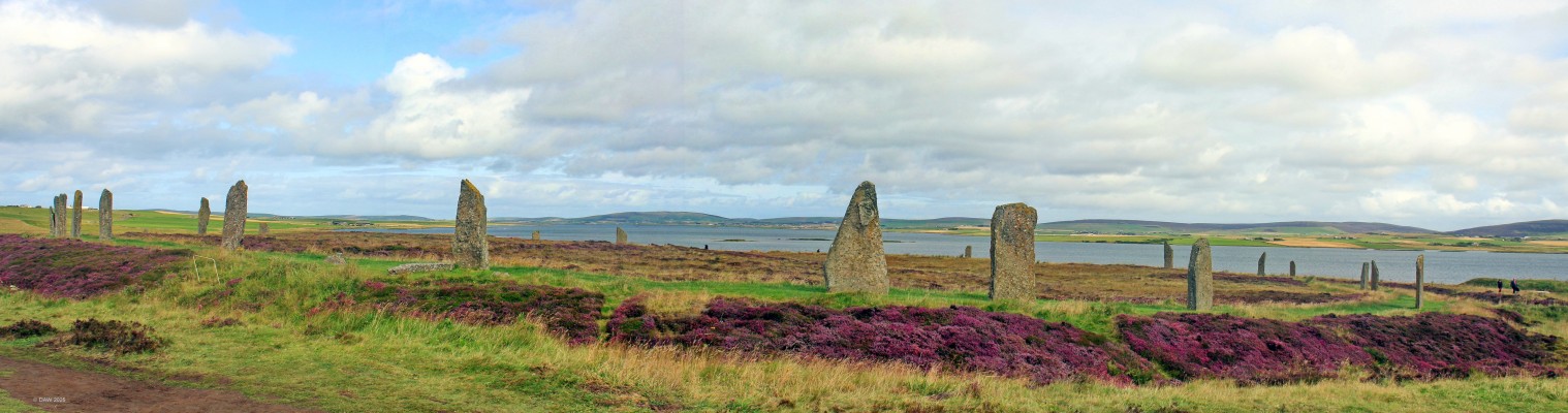 The Ring of Brodgar, Orkney
The ring is thought to date from around 2500 BC.  Of the original 60 stones 36 still survive, the tallest being 4.7m in height. The stone circle has a diameter of 104m, and is encircled by a rock-cut ditch, or henge, measuring 136m across, making it one of the largest and finest stone circles in the British isles.  [url=http://streetmap.co.uk/map?X=329373&Y=1013331&A=Y&Z=120/] Map location. [/url]
