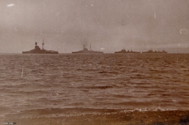 Royal Navy Ships, Cromarty Firth, 1938
Taken in September 1938 from Invergrodon.  At that time Cromarty Bay was used by the Royal Navy as one of the anchorages for the Home Fleet.   A chemist in Invergordon refused to print these photos, taken by my Mother, thinking she may be a spy.  The 2 ships on the left may be Revenge class Battleships but its difficult to tell. [url=http://streetmap.co.uk/map.srf?X=271940&Y=869200&A=Y&Z=126/] Map location. [/url]
